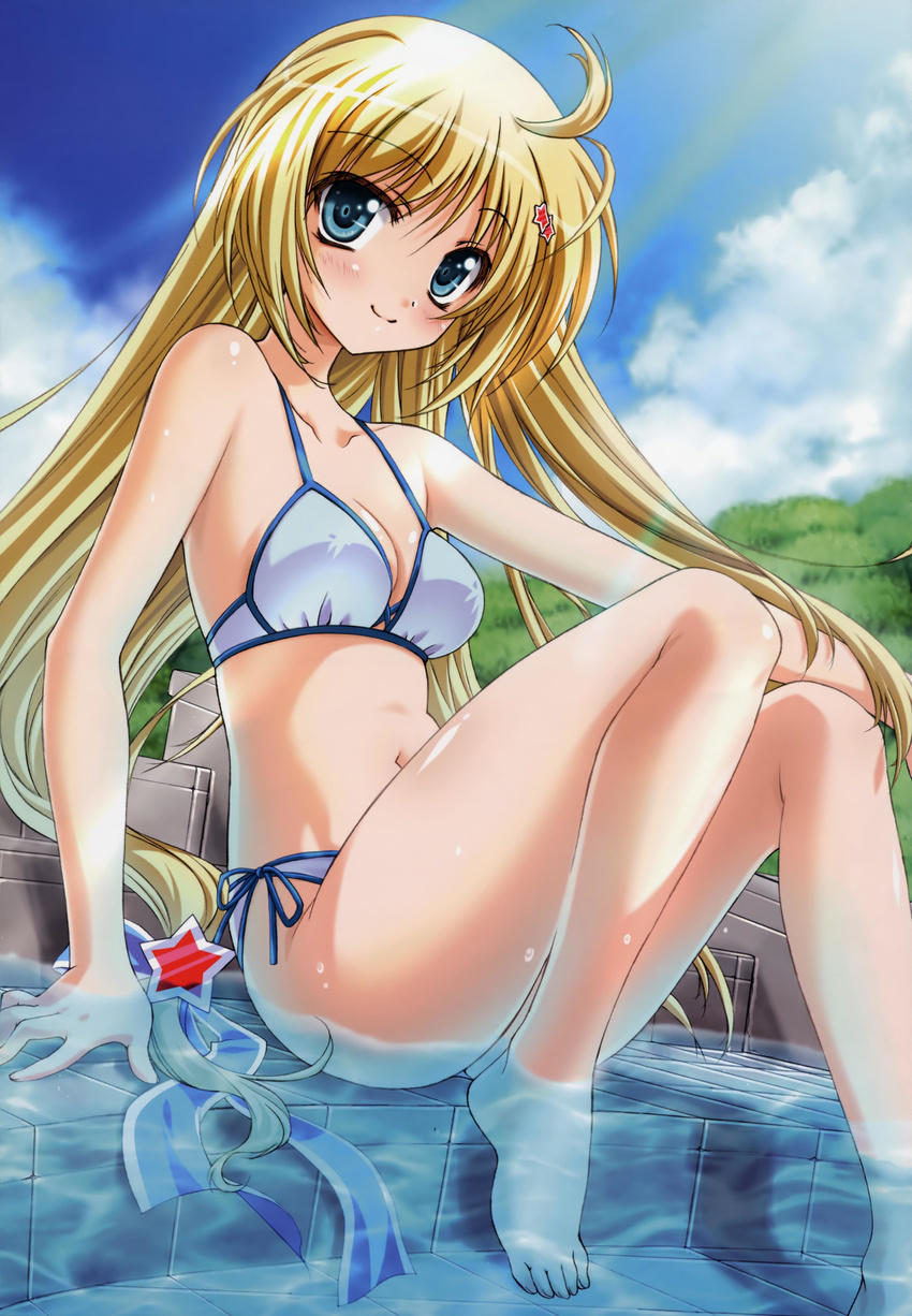 absurdres ahoge barefoot bikini blonde_hair blue_eyes breasts cloud day feet hair_ornament hairclip highres hill horii_kumi kagura_aya light_rays long_hair medium_breasts navel outdoors partially_submerged pool poolside se.kirara side-tie_bikini sitting smile solo star star_hair_ornament sunbeam sunlight swimsuit very_long_hair water