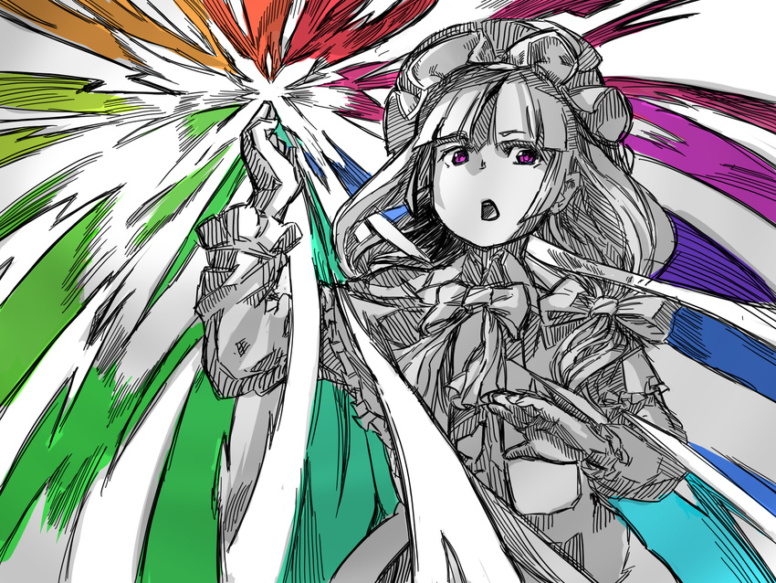 highres magic monochrome patchouli_knowledge purple_eyes rainbow_background ritsu_(roboroboro) sketch solo spot_color touhou