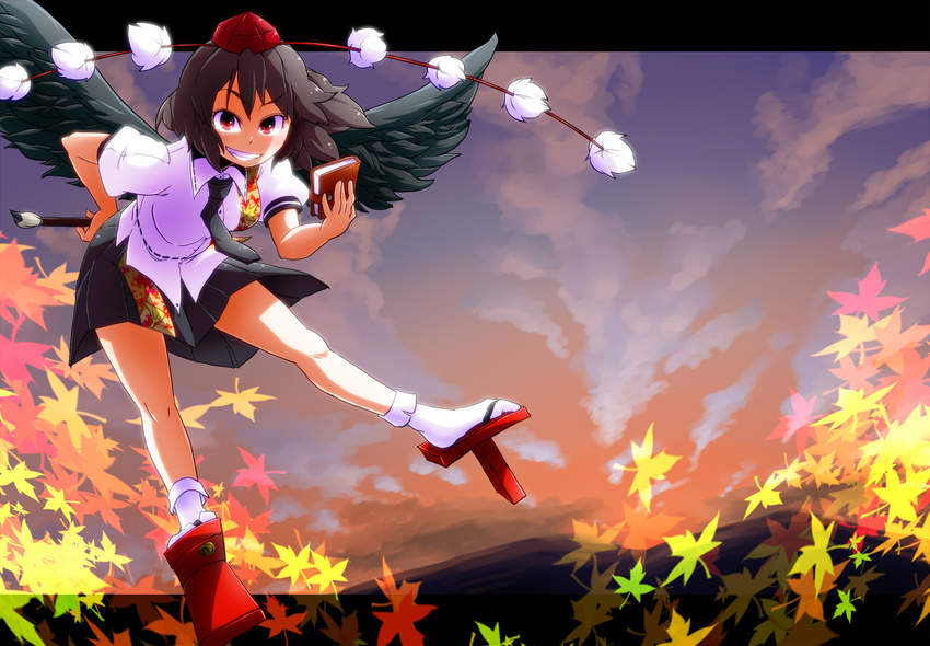 aono3 black_hair black_wings geta grin hat looking_at_viewer notebook pen red_eyes shameimaru_aya short_hair skirt smile socks solo tengu-geta tokin_hat touhou wings