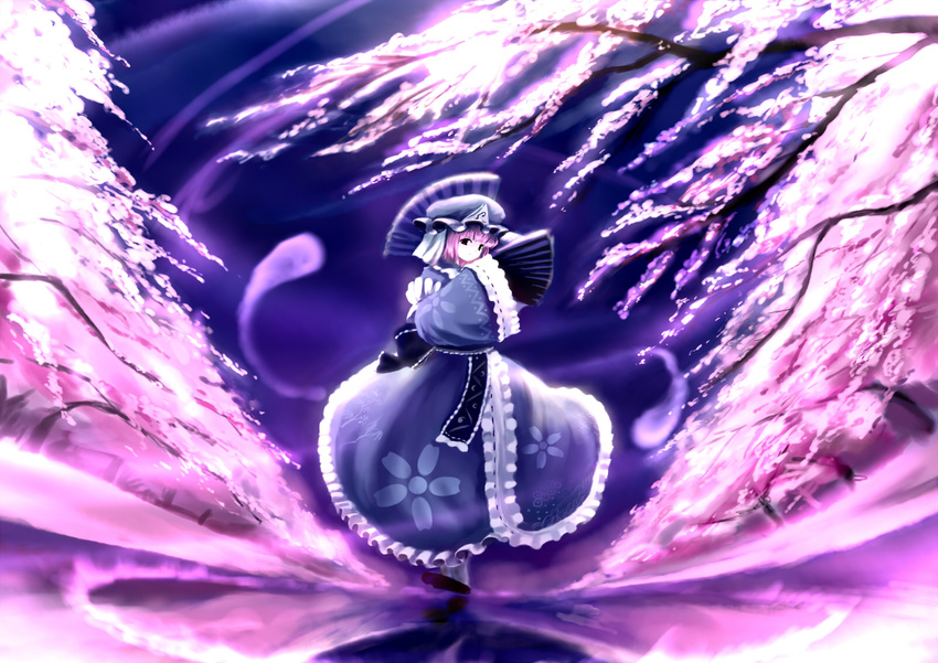 cherry_blossoms dancing fan folding_fan forest hat highres hitodama nature pink_hair saigyouji_yuyuko solo touhou tsubasa_(abchipika)