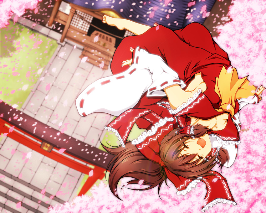 :d barefoot blurry bow box breasts brown_hair cherry_blossoms depth_of_field detached_sleeves donation_box flying from_above hair_bow hair_ribbon hakurei_reimu haruyonoto medium_breasts nail_polish open_mouth petals pink_nails ponytail ribbon short_hair shrine sideboob smile solo torii touhou wallpaper