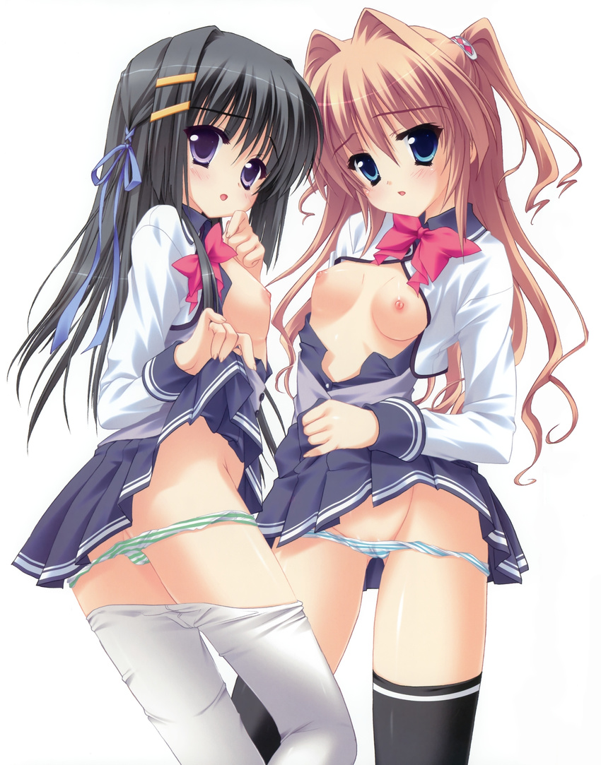 absurdres ass black_hair blue_eyes brown_hair flat_chest highres hinamatsuri_touko imouto_smile kitasato_touka long_hair multiple_girls namisawa_natsuki nipples open_clothes open_shirt panties panty_pull pantyhose pantyhose_pull purple_eyes ribbon school_uniform shirt skirt skirt_lift striped striped_panties thighhighs twintails underwear