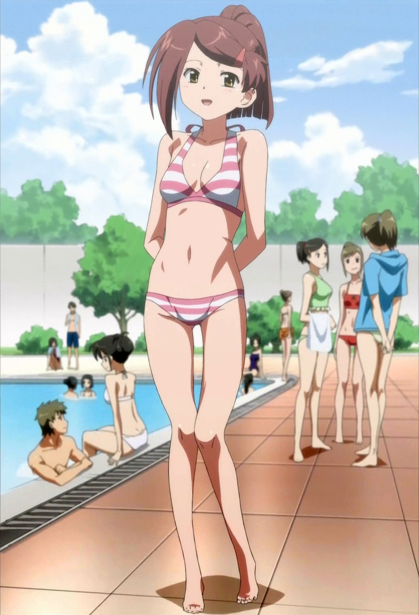 6+girls :d arms_behind_back bikini breasts brown_hair day drain_(object) groin hair_ornament hairclip highres kiss_x_sis knees_together_feet_apart looking_at_viewer lowleg lowleg_bikini multiple_boys multiple_girls navel open_mouth outdoors pigeon-toed pool poolside screencap shadow small_breasts smile solo_focus standing striped striped_bikini striped_swimsuit suminoe_ako swimsuit tree water