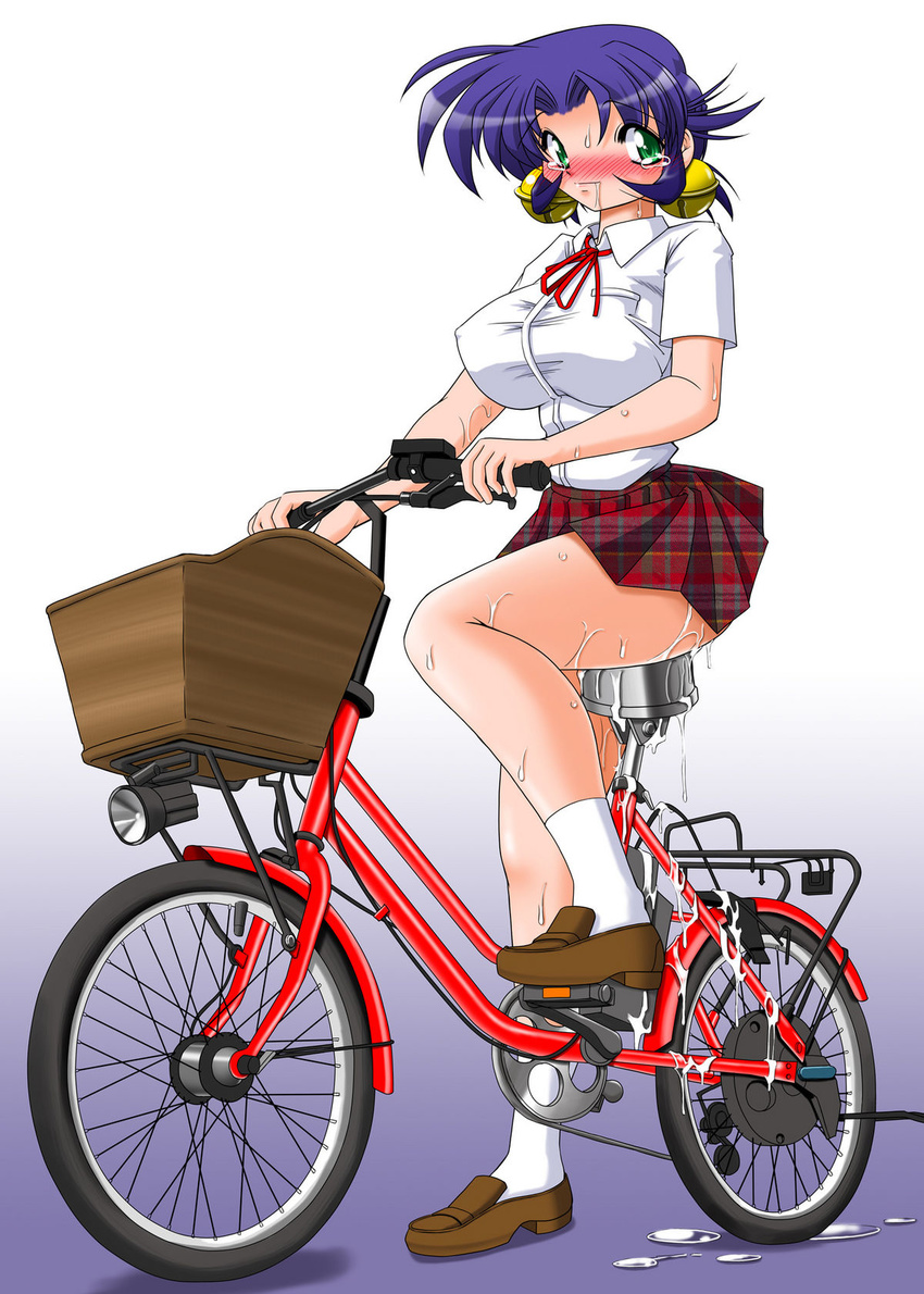 1girl anal ass bicycle bike bike_dildo blush breasts cum cum_on_ass cum_on_body cum_on_lower_body dildo extreme_insertion gradient gradient_background green_eyes highres huge_breasts huge_dildo huge_tits impossible insertion knockout large_breasts large_insertion looking_at_viewer ma_renka miniskirt no_panties object_insertion purple_hair saliva shijou_saikyou_no_deshi_ken'ichi shijou_saikyou_no_deshi_kenichi short_hair simple_background sitting sitting_on_dildo skirt solo tears usso