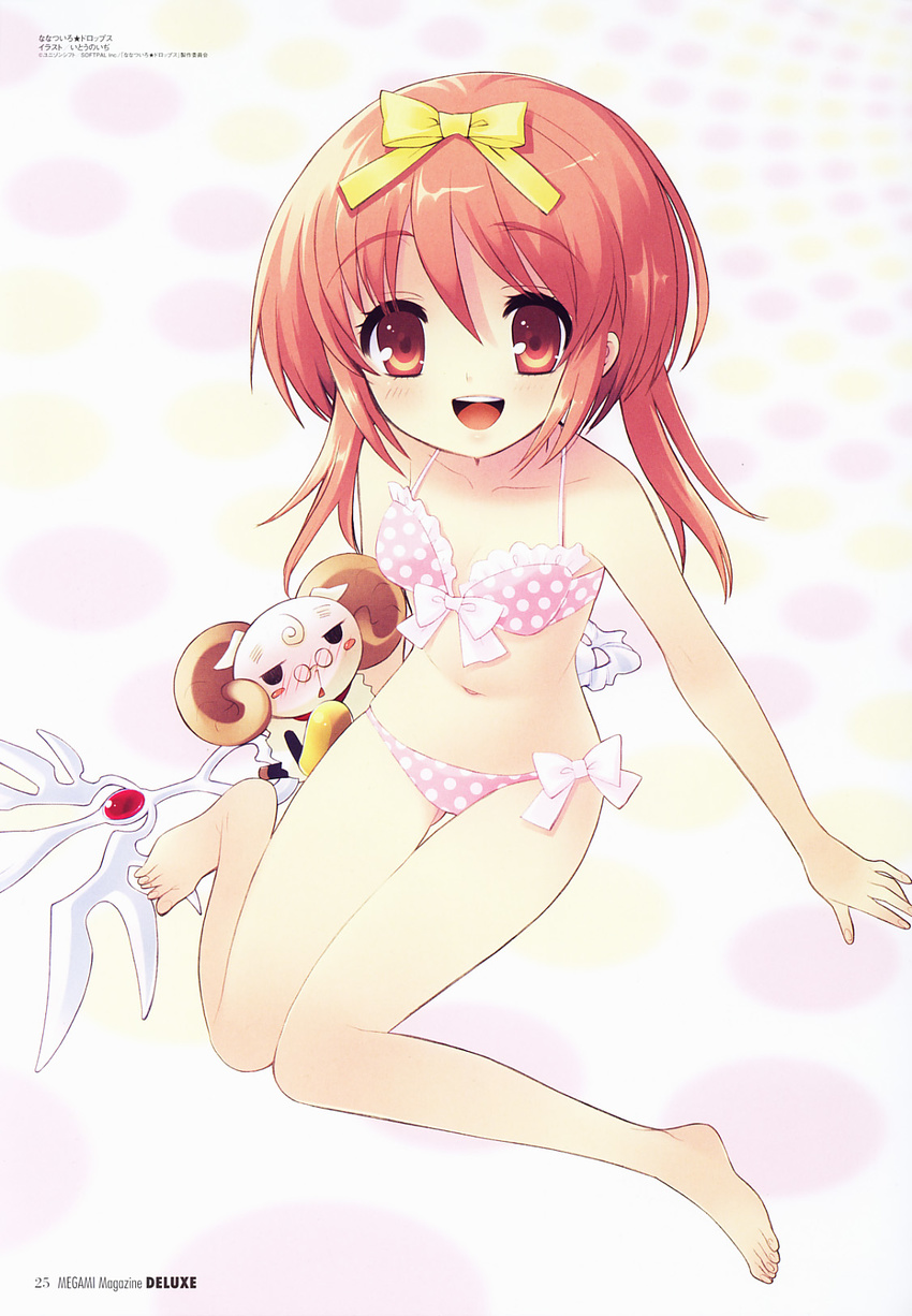 :d akihime_sumomo ass_visible_through_thighs barefoot bikini bow bow_bikini face feet flat_chest front-tie_top hair_bow highres itou_noiji looking_at_viewer megami megami_deluxe nanatsuiro_drops navel official_art open_mouth polka_dot polka_dot_bikini red_eyes red_hair ribbon scan sheep side-tie_bikini sitting smile solo swimsuit thigh_gap wariza yuki-chan