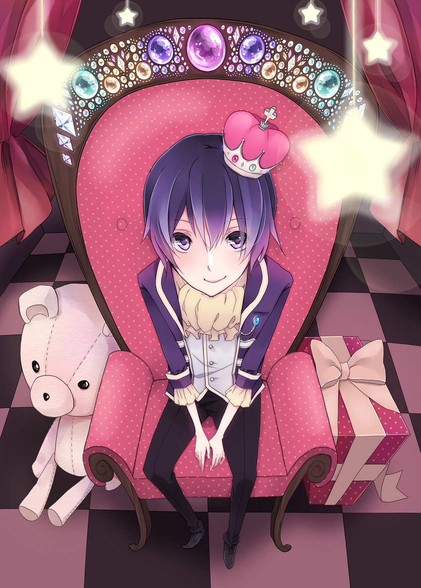alternate_costume alternate_outfit blue_hair chair crown full_body gift highres indoors kaito male male_focus short_hair solo stuffed_animal stuffed_bear stuffed_toy teddy_bear vocaloid