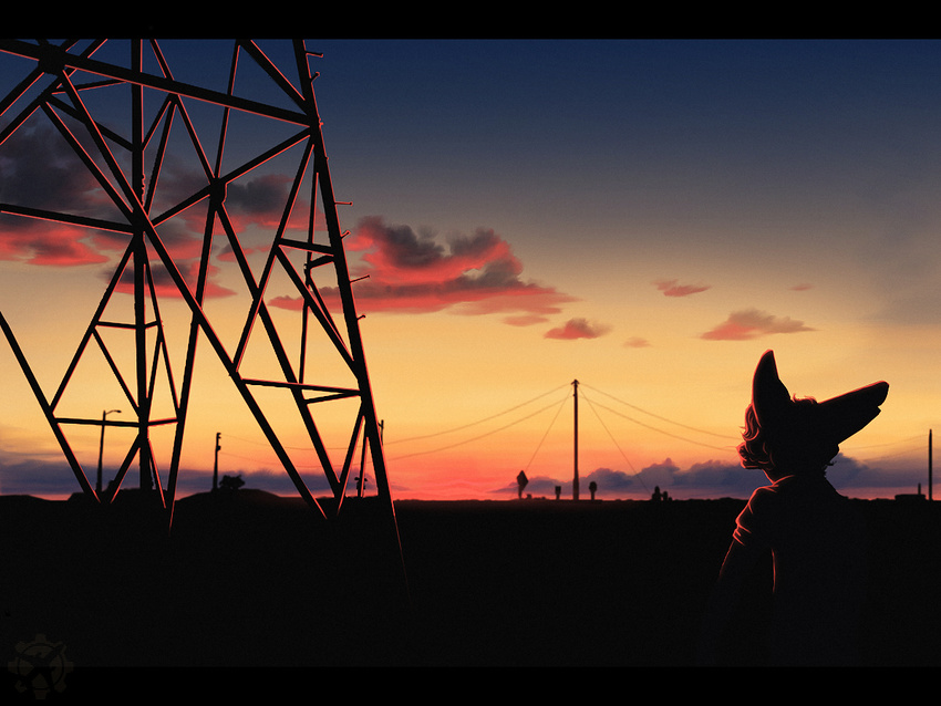 cloud clouds fighterjet fox gearotter hydro_pylons lux_(character) male mammal outside power_lines powerlines rural sky solo sunset