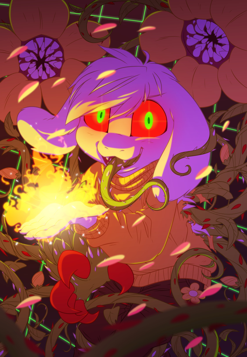 2018 absurd_res anthro asriel_dreemurr boss_monster caprine claws clothed clothing digital_media_(artwork) equestria-prevails fire flower fur glowing goat hi_res long_ears looking_at_viewer magic male mammal open_mouth plant red_eyes smile solo teeth thorns tongue tongue_out undertale video_games vine_tongue vines white_fur young