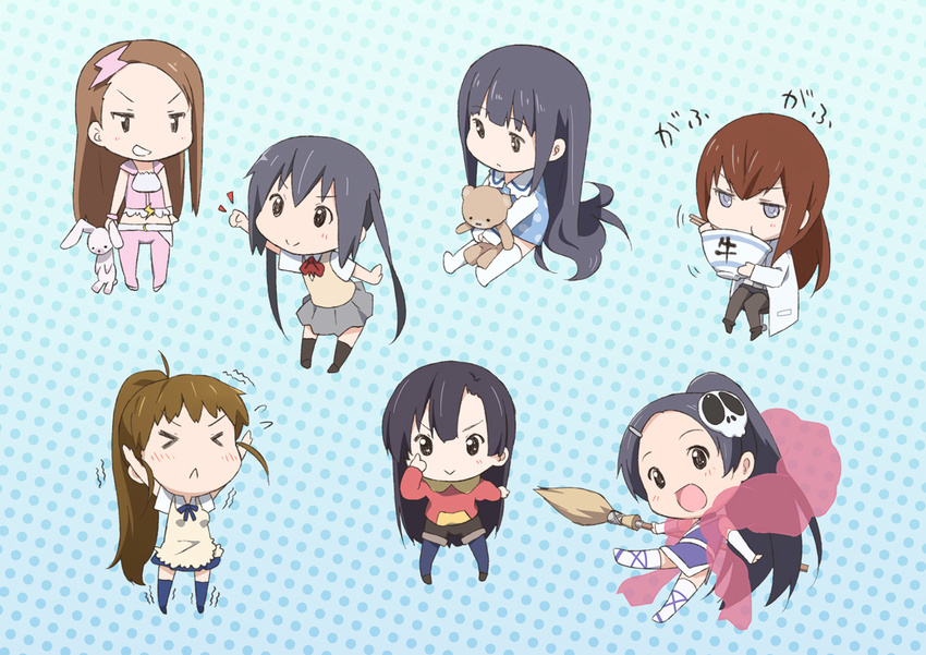 &gt;_&lt; :&gt; :&lt; :d apron black_eyes black_hair blue_eyes blush bow bowl broom brown_hair bunny chibi child chopsticks closed_eyes eating elysia_de_lute_ima errant grin hair_ornament hand_on_own_face happy holding idolmaster idolmaster_(classic) idolmaster_2 k-on! kami-sama_no_memo-chou kami_nomi_zo_shiru_sekai kuhouin_murasaki kure-nai labcoat long_hair looking_at_viewer makise_kurisu midriff minase_iori multiple_girls nakano_azusa open_mouth pajamas pantyhose ponytail reaching school_uniform shionji_yuuko sitting skirt skull_hair_ornament smile steins;gate stuffed_animal stuffed_bunny stuffed_toy sweatdrop taneshima_popura teddy_bear twintails very_long_hair waitress white_legwear working!!