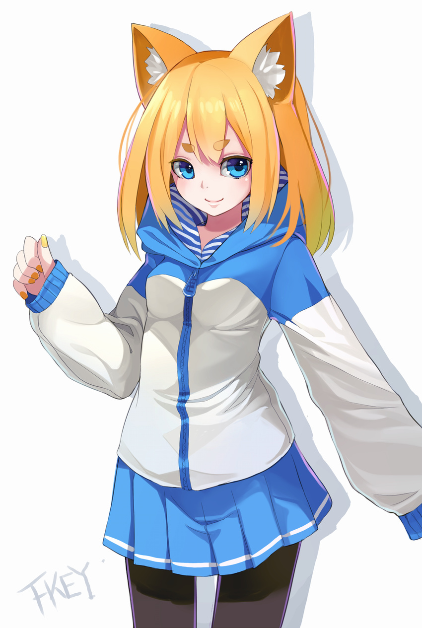 animal_ears black_legwear blonde_hair blue_eyes blush eyebrows fkey fox_ears highres hood hood_down hooded_jacket hoodie jacket nail_polish original pantyhose pleated_skirt signature simple_background skirt sleeves_past_wrists smile solo zipper