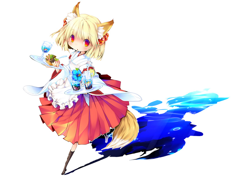 animal_ears apron blonde_hair boots drinking_straw fish flower food fox_ears fox_tail fruit full_body gem glass goldfish hair_ornament hairpin hakama hibiscus highres japanese_clothes lime_(fruit) multicolored multicolored_eyes original purple_eyes red_eyes red_hakama sakurano_miya short_hair solo tail tray turtle yellow_eyes