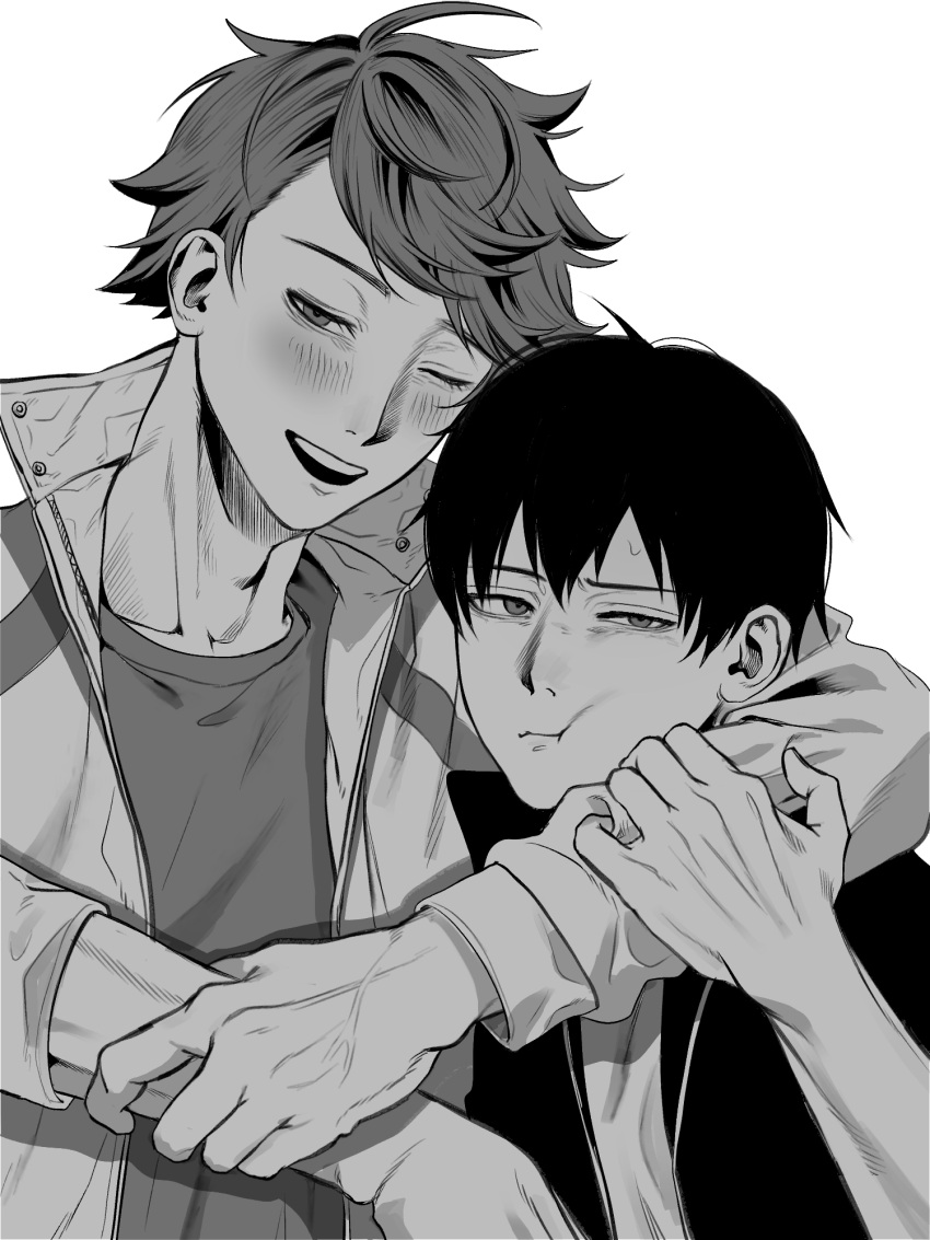 2boys arm_around_neck arm_up blush closed_mouth collarbone commentary_request crew_neck greyscale haikyuu!! hair_between_eyes hand_on_another's_arm highres jacket kageyama_tobio kna1o long_sleeves looking_to_the_side male_focus monochrome multiple_boys oikawa_tooru_(haikyuu!!) one_eye_closed parted_bangs popped_collar shirt sideways_glance swept_bangs teeth track_jacket unzipped upper_body upper_teeth_only veins veiny_hands zipper