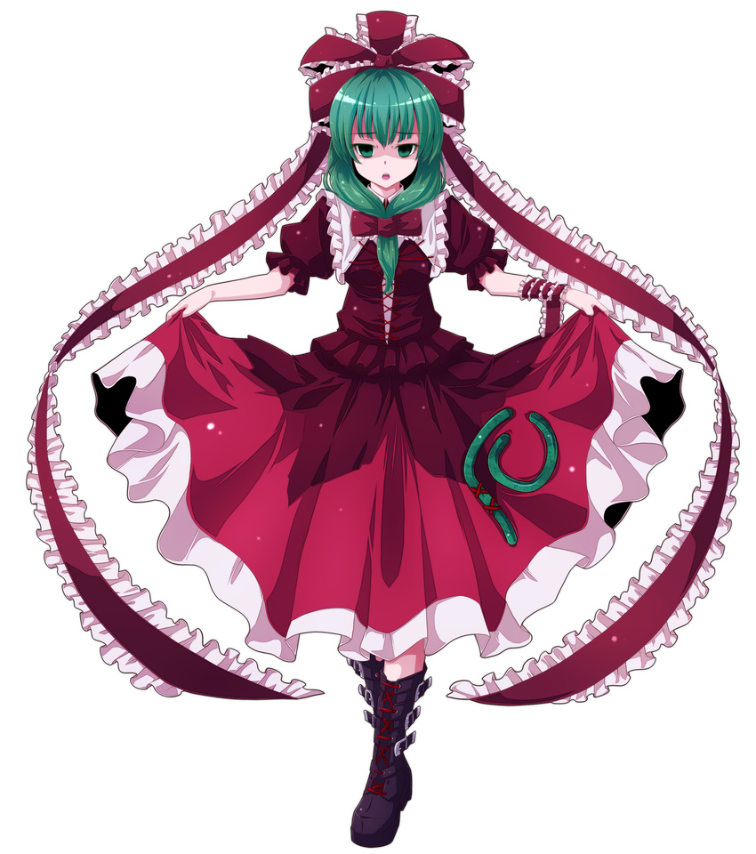 arm_ribbon boots curtsey depressed dress front_ponytail green_eyes green_hair hair_ribbon highres kagiyama_hina nikka_(cryptomeria) open_mouth red_dress ribbon skirt_hold solo standing touhou transparent_background