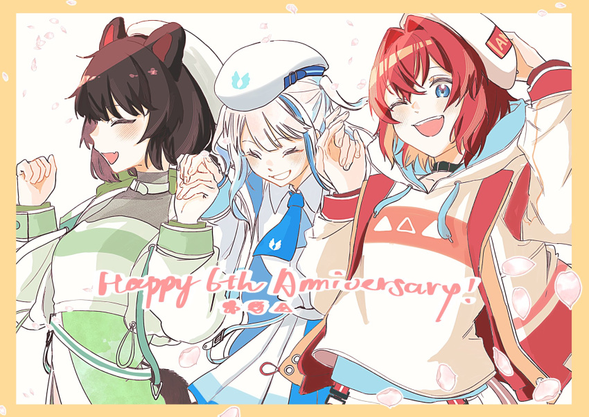 3girls :d ^_^ ange_katrina animal_ears anniversary beret blue_eyes blue_hair blue_necktie blue_sleeve_cuffs blush border breasts brown_hair closed_eyes collar collared_shirt color-coded commentary_request crossed_bangs dog_ears english_text falling_petals fang green_sleeve_cuffs grin hair_between_eyes hair_intakes hand_on_headwear hands_up happy_anniversary hat highres holding_hands hood hood_down hoodie inui_toko jacket lize_helesta long_hair long_sidelocks long_sleeves looking_at_viewer matching_outfits multicolored_hair multiple_girls necktie nijisanji official_alternate_costume one_eye_closed open_clothes open_jacket open_mouth petals pink_petals pleated_skirt red_hair red_sleeve_cuffs ritowani sanbaka_(nijisanji) shirt short_hair side-by-side sidelocks skin_fang skirt small_breasts smile square-end_necktie streaked_hair teeth three_quarter_view two-tone_hair two_side_up upper_teeth_only virtual_youtuber white_background white_collar white_hair white_hat white_hoodie white_jacket white_shirt white_skirt yellow_border