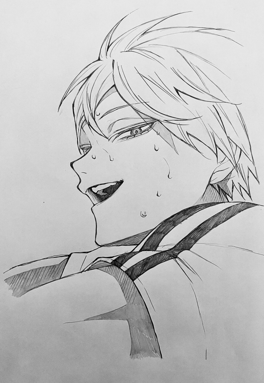 1boy 3_surugi commentary_request cropped_torso from_side grey_background greyscale haikyuu!! hair_between_eyes highres konoha_akinori looking_to_the_side male_focus monochrome open_mouth shirt short_hair short_sleeves sideways_glance simple_background smile solo sportswear sweat teeth upper_teeth_only very_sweaty volleyball_uniform