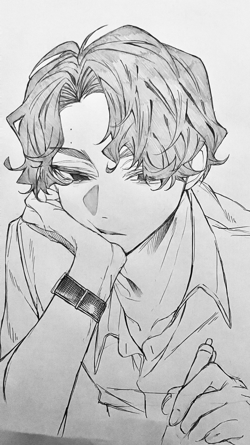 1boy 3_surugi collared_shirt commentary_request curtained_hair fingernails grey_background greyscale haikyuu!! hand_on_own_face head_rest highres holding holding_pen looking_down male_focus monochrome open_collar parted_lips pen sakusa_kiyoomi shirt short_hair simple_background solo upper_body watch wavy_hair wing_collar wristwatch writing