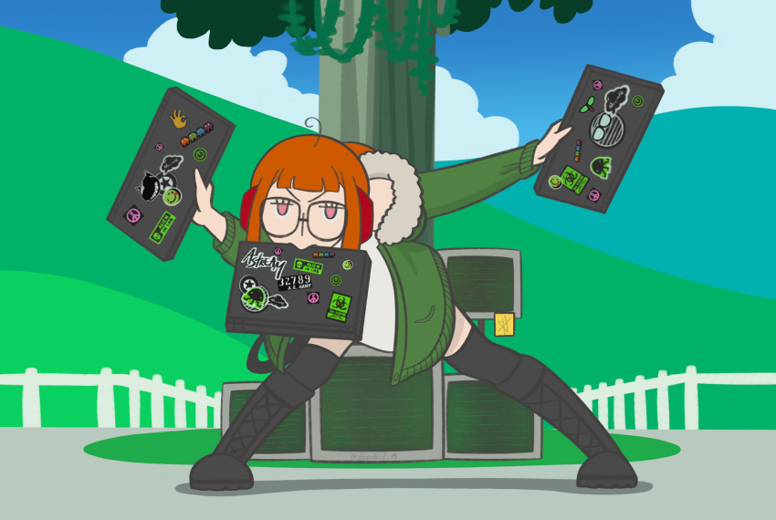1girl ahoge biohazard_symbol black_shoes boots computer full_body glasses green_jacket headphones heisenbird highres holding holding_laptop jacket laptop mouth_hold ok_sign orange_hair peace_symbol persona persona_5 pokemon pokemon_(anime) pokemon_sm_(anime) power_symbol sakura_futaba scene_reference shoes solo