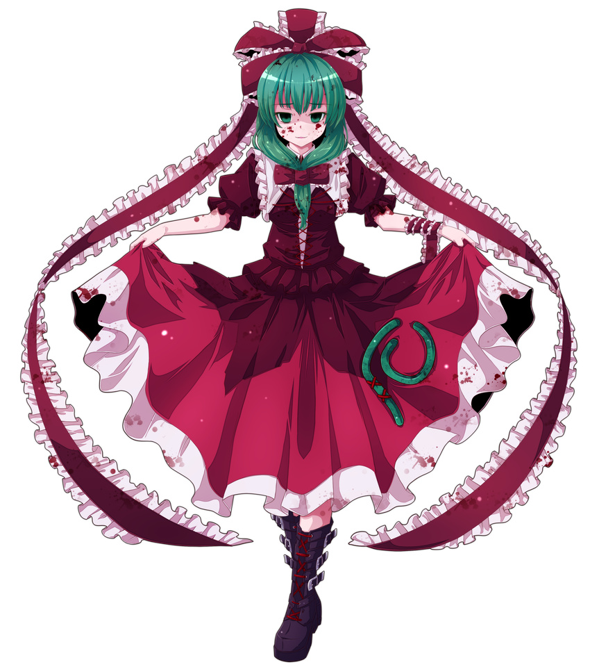 arm_ribbon blood blood_on_face blood_stain bloody_clothes boots curtsey dress front_ponytail green_eyes green_hair hair_ribbon highres kagiyama_hina nikka_(cryptomeria) red_dress ribbon skirt_hold smile solo standing touhou transparent_background yandere