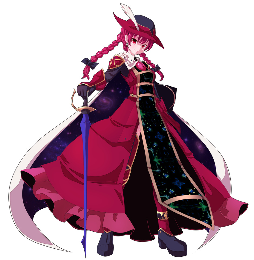 alternate_costume boots braid cape earrings final_fantasy final_fantasy_xi full_body gauntlets hand_on_hilt hat hat_feather highres jewelry kaenbyou_rin long_hair nikka_(cryptomeria) pauldrons pointy_ears red_hair red_mage smile solo standing sword thigh_boots thighhighs third_eye touhou transparent_background twin_braids twintails weapon