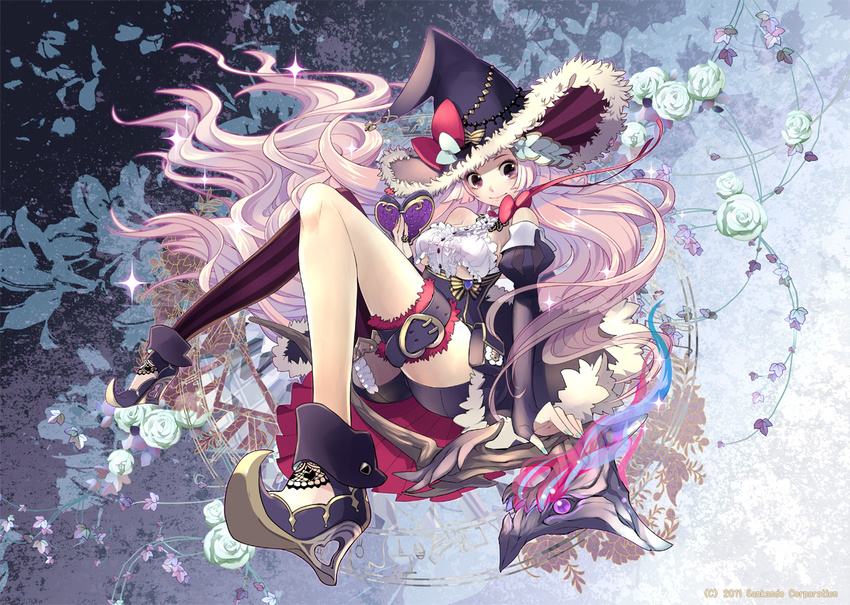 bare_shoulders blush breasts elbow_gloves fingerless_gloves flower gin_(oyoyo) gloves hat high_heels hunter_kingdom jewelry legs long_hair medium_breasts mismatched_legwear nail_polish original pink_eyes pink_hair pouch ring shoes single_thighhigh smile solo sparkle staff thigh_strap thighhighs underboob very_long_hair witch_hat