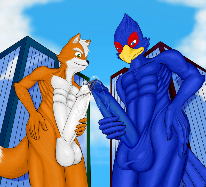 avian balls beak bird blue blue_feathers canine city duo edit falco_lombardi falcon fox fox_mccloud gay green_eyes kp-yoshi macro male mammal nintendo nude penis precum size_difference star_fox video_games vore wolf wolf_o'donnell wolf_o'donnell
