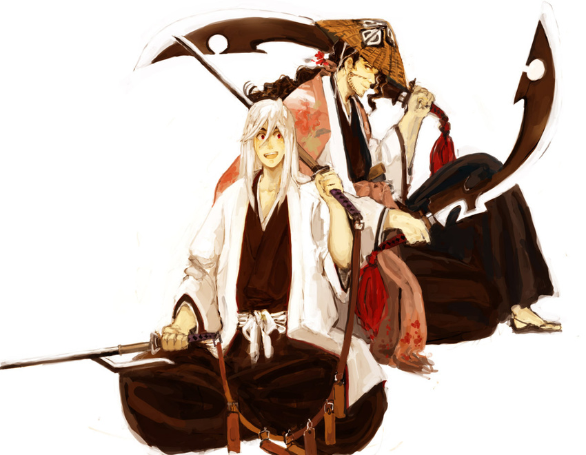 2boys bleach brown_hair ex.rudo hat katana kyoraku_shunsui kyouraku_shunsui multiple_boys smile sword ukitake_juushirou ukitake_jyuushirou weapon white_hair