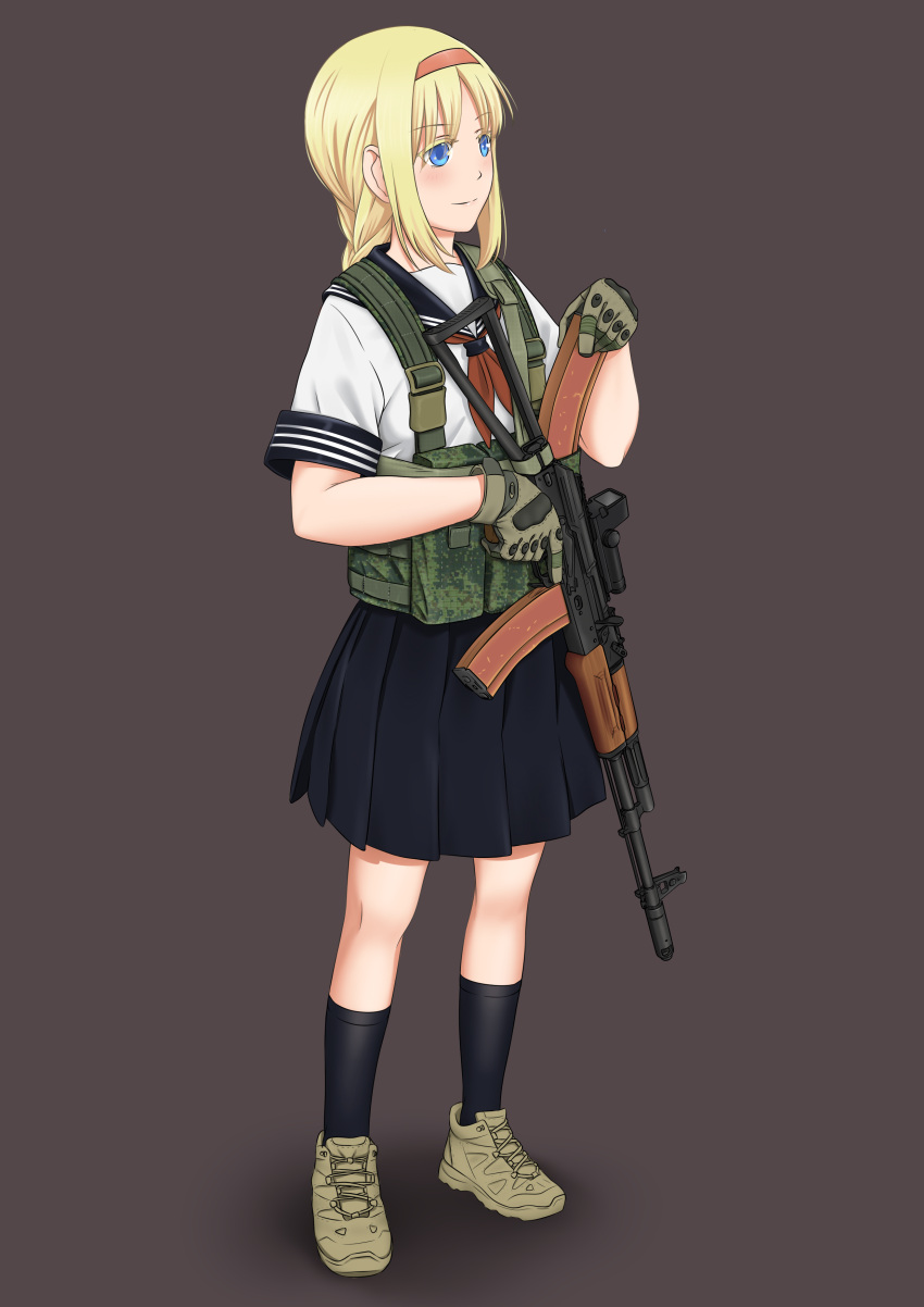 1girl absurdres ak-74 aks-74 ammunition_pouch asobi_asobase assault_rifle bangs black_footwear black_gloves black_socks blonde_hair blue_eyes blue_sailor_collar blue_skirt blush braid braided_ponytail brown_background brown_footwear brown_gloves chest_rig closed_mouth colored_eyelashes commentary cross-laced_footwear digital_camouflage english_commentary full_body gloves gun hairband highres holding holding_gun holding_magazine_(weapon) holding_weapon kalashnikov_rifle long_hair looking_ahead magazine_(weapon) mardjan mixed-language_commentary multicolored_clothes multicolored_gloves neckerchief olivia_(asobi_asobase) optical_sight parted_bangs pleated_skirt pouch red_hairband red_neckerchief rifle sailor_collar school_uniform serafuku shoelaces shoes simple_background single_braid skirt sleeve_cuffs sling smile socks solo trigger_discipline weapon white_serafuku white_stripes