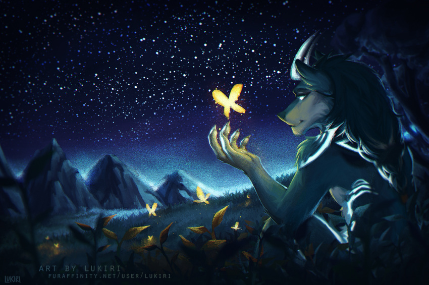 2019 anthro arthropod butterfly canid canine canis digital_media_(artwork) fur grass green_fur insect lepidopteran lukiri mammal night outside sky star starry_sky wolf