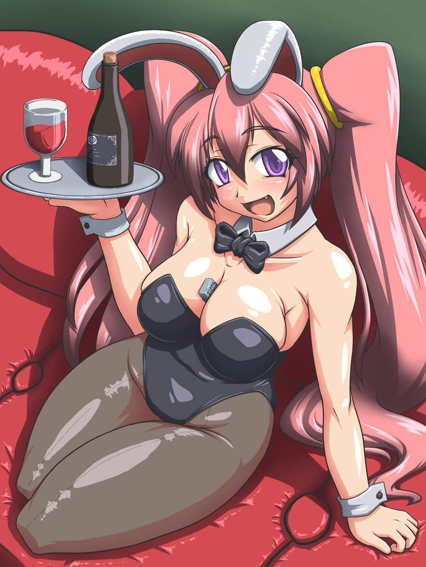 absurdres alcohol animal_ears between_breasts bottle breasts bunny_ears bunnysuit cleavage couch fang goblet highres large_breasts lighter long_hair original pantyhose pink_hair purple_eyes solo taro tray twintails wine