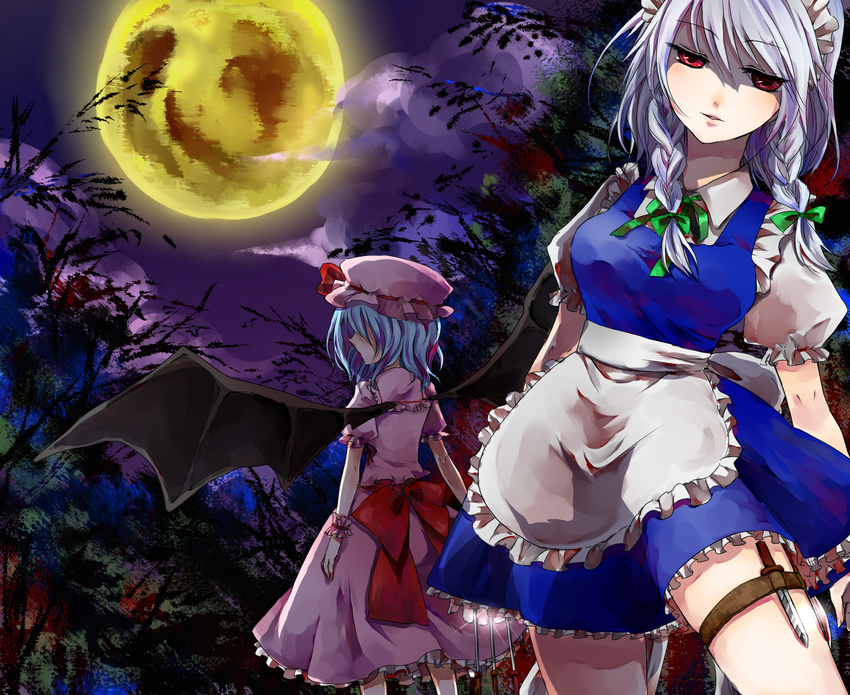 apron bat_wings blue_hair bow breasts dress full_moon hair_ribbon hat highres izayoi_sakuya knife maid medium_breasts moon multiple_girls red_eyes remilia_scarlet ribbon shinoda silver_hair thigh_strap touhou tree wings