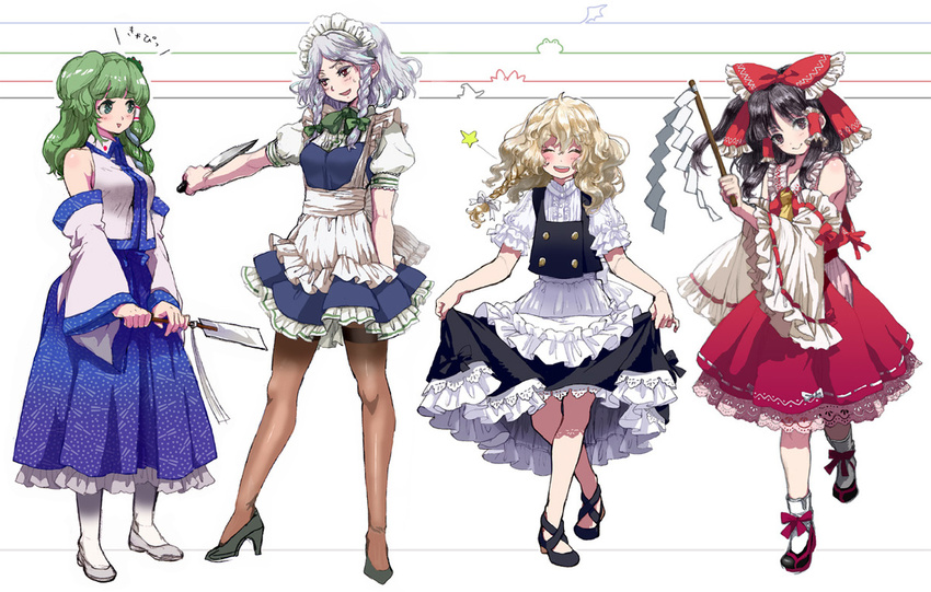 :&gt; apron bare_shoulders black_hair blonde_hair blue_eyes bow braid closed_eyes crossed_legs curtsey detached_sleeves embellished_costume flats frog gohei green_hair hair_bow hair_ornament hair_tubes hakurei_reimu hana-kagume hat height_chart high_heels izayoi_sakuya kirisame_marisa knife kochiya_sanae lace legs lineup maid maid_headdress multiple_girls no_hat no_headwear no_socks pantyhose shoe_bow shoes short_hair silver_hair smile strappy_heels tabi touhou twin_braids waist_apron watson_cross