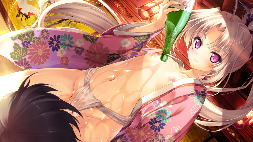 1girl blonde_hair bottle collarbone dutch_angle flat_chest fundoshi game_cg japanese_clothes kimono long_hair long_sleeves love_2_quad naruse_hirofumi navel nipples open_clothes open_robe pink_eyes ponytail robe smile solo_focus straddling toudou_chitose wet