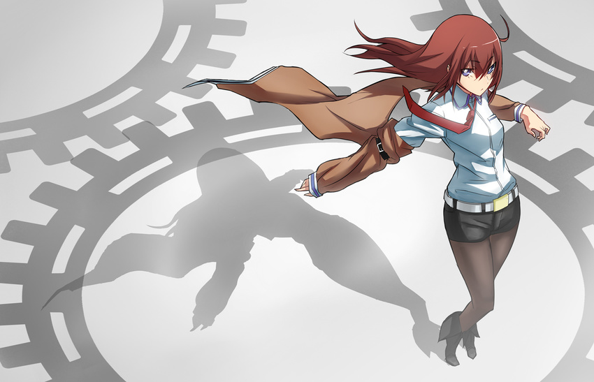 ankle_boots belt boots brown_legwear gears jacket legwear_under_shorts long_hair makise_kurisu necktie pantyhose phone purple_eyes red_neckwear shorts solo steins;gate tsuuhan