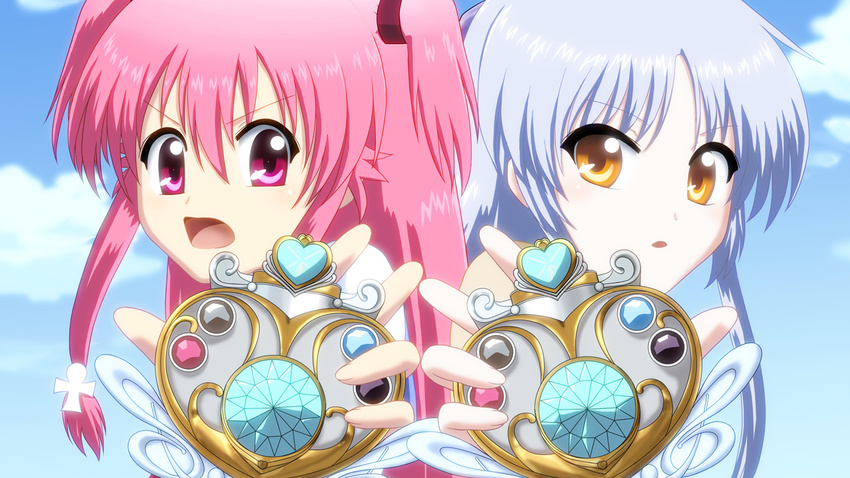 angel_beats! brooch jewelry long_hair multiple_girls namesake pink_eyes pink_hair precure silver_hair sora_(aki00) suite_precure tenshi_(angel_beats!) yellow_eyes yui_(angel_beats!)