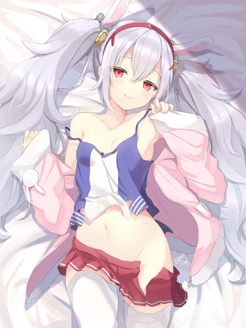 1girl animal_ears azur_lane bare_shoulders bed_sheet breasts bunny_ears closed_mouth commentary_request eyebrows_visible_through_hair eyes_visible_through_hair fake_animal_ears groin hair_between_eyes hairband hands_up highres jacket laffey_(azur_lane) long_hair long_sleeves loose_skirt lying midriff miniskirt navel no_panties on_back pink_jacket ramchi red_hairband red_skirt shirt silver_hair skirt sleeveless sleeveless_shirt small_breasts solo strap_slip thighhighs thighs twintails white_legwear wide_sleeves