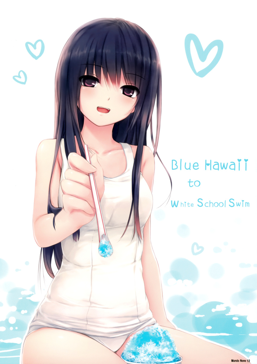 :d absurdres bangs bare_arms bare_shoulders black_hair blush coffee-kizoku collarbone drinking_straw eyebrows_visible_through_hair feeding heart highres long_hair looking_at_viewer one-piece_swimsuit open_mouth original pov_feeding purple_eyes school_swimsuit shaved_ice shiramine_rika smile solo spoon_straw swimsuit white_school_swimsuit white_swimsuit