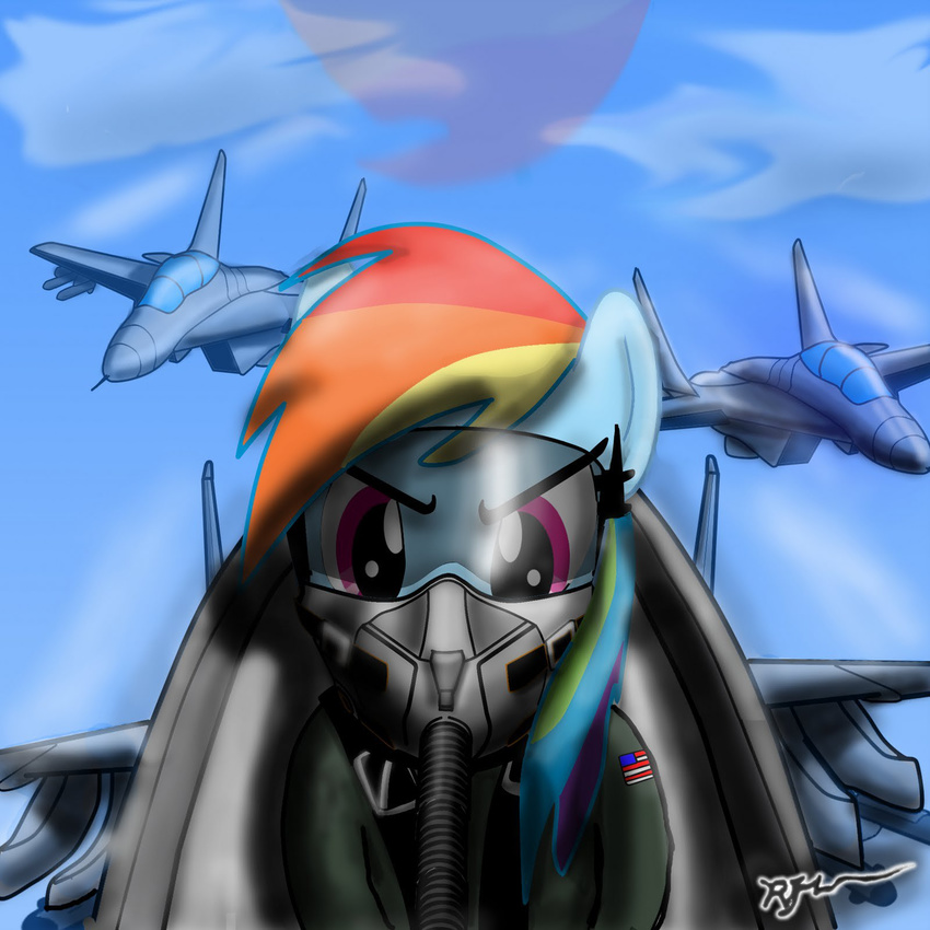 america clouds cockpit flag flying friendship_is_magic hasbro jet jets mask my_little_pony oxygen oxygen_mask purple_eyes rainbow_dash_(mlp) rainbow_hair sky sun unknown_artist usa visor