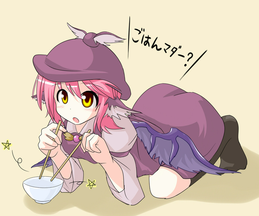 all_fours animal_ears bent_over blush bowl brown_eyes chopsticks des hat mystia_lorelei pink_hair short_hair simple_background solo touhou translated