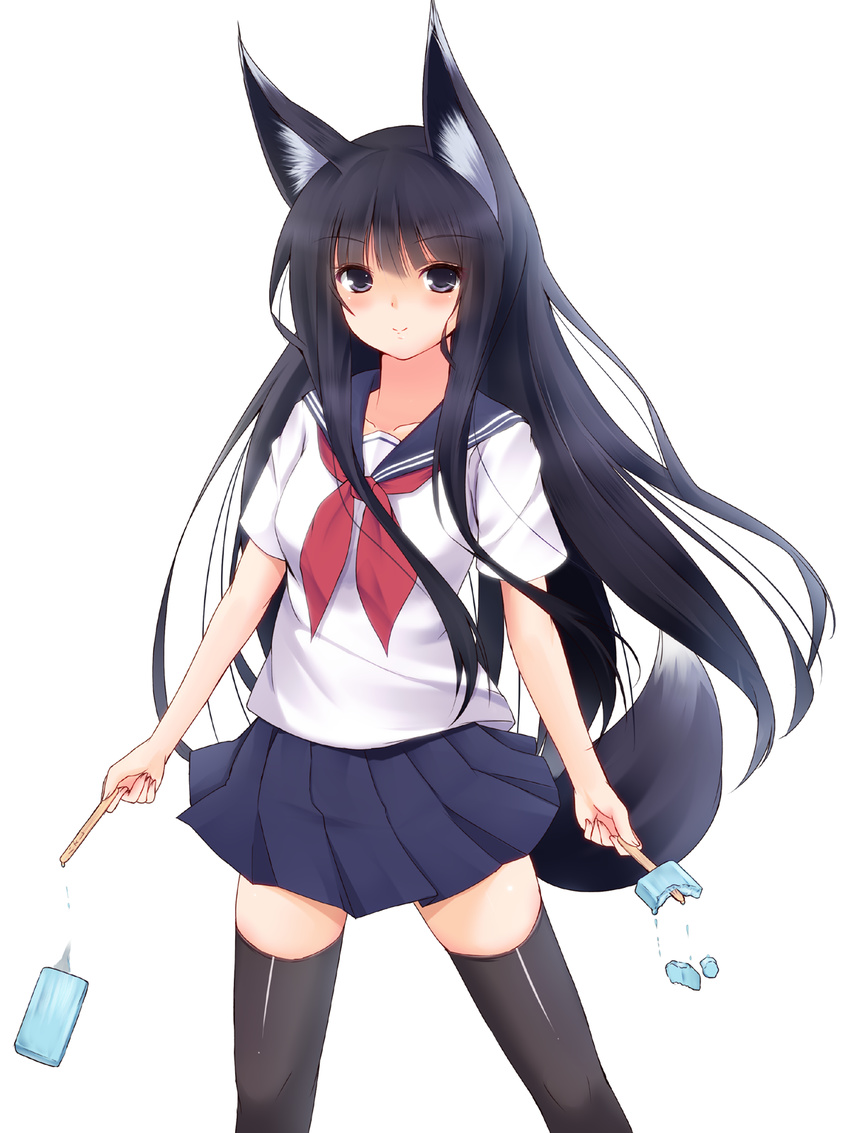 animal_ears black_eyes black_hair black_legwear blush collarbone dual_wielding food fox_ears fox_tail highres holding long_hair original popsicle school_uniform second_heaven serafuku simple_background solo tail thighhighs zettai_ryouiki