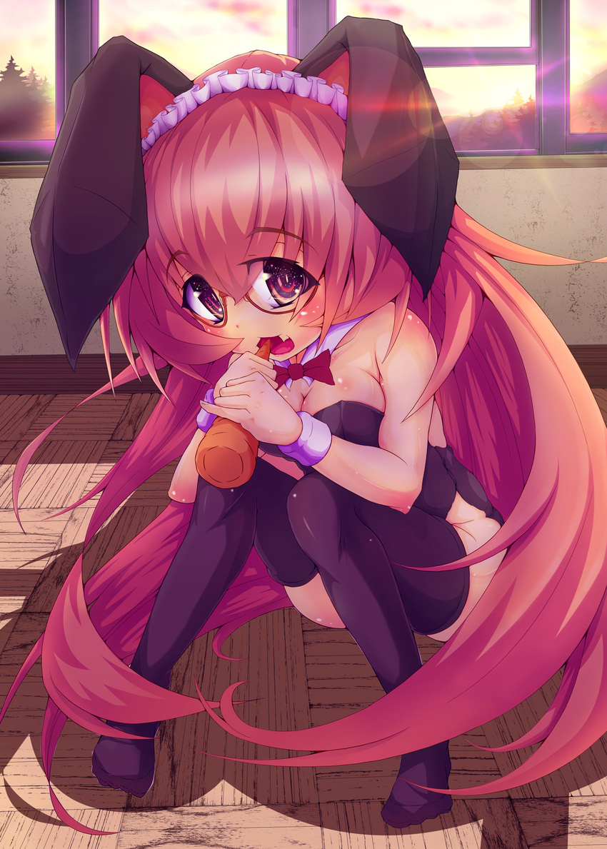 animal_ears bad_id bad_pixiv_id bare_shoulders breasts brown_hair bunny_ears bunnysuit carrot cleavage cuffs fake_animal_ears fang highres indoors kodomo_no_jikan looking_at_viewer medium_breasts open_mouth re:n_ne shadow sitting solo sunset thighhighs usa_mimi window