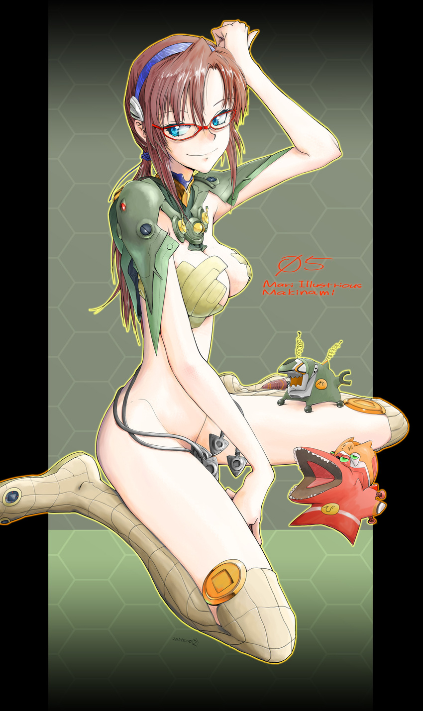 adapted_costume arm_up armor bangs between_legs blue_eyes boots bottomless breasts brown_hair cable character_name cleavage crop_top eva_02 eva_05 evangelion:_2.0_you_can_(not)_advance from_side full_body glasses gradient gradient_background green_background grey_footwear grey_legwear groin hairband hand_between_legs hand_on_own_head highres honeycomb_(pattern) honeycomb_background kakubayashi_tsuyoshi large_breasts light_smile long_hair looking_to_the_side low_twintails makinami_mari_illustrious neon_genesis_evangelion number objectification outline pauldrons pillarboxed plugsuit rebuild_of_evangelion red-framed_eyewear revision sidelocks signature sitting slender_waist smile solo spread_legs thigh_boots thighhighs turtleneck twintails wariza