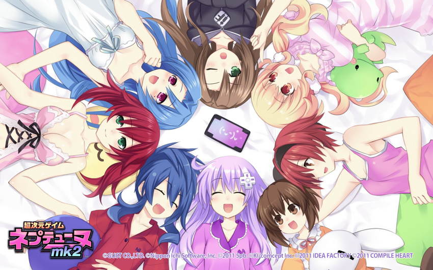 5pb_(choujigen_game_neptune) 6+girls :d ;o babydoll bare_shoulders blue_hair blush blush_stickers bow breasts brown_eyes brown_hair cave_(choujigen_game_neptune) character_name choujigen_game_neptune_mk2 circle_formation cleavage closed_eyes compa company_name copyright_name d-pad d-pad_hair_ornament dated emblem emoticon falcom_(choujigen_game_neptune) fang frills from_above green_eyes gust_(choujigen_game_neptune) hair_ornament hairband highres if_(choujigen_game_neptune) long_hair long_sleeves looking_at_another low_twintails lying medium_breasts mole multiple_girls nepgear neptune_(series) nippon_ichi_(choujigen_game_neptune) official_art on_back on_side one_eye_closed open_mouth orange_eyes orange_hair pajamas pink_eyes pointing purple_hair red_hair ribbon short_hair short_sleeves sleepwear sleeveless sleeves_past_wrists small_breasts smile stuffed_toy swirl tsunako twintails wallpaper watermark |_|