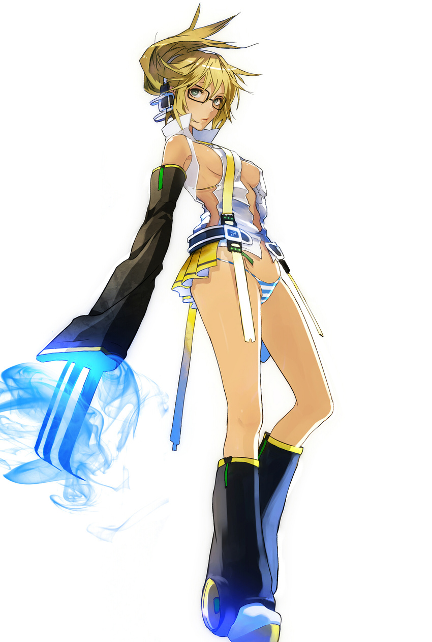 bare_shoulders bespectacled blonde_hair boots breasts claws detached_sleeves genderswap genderswap_(mtf) glasses green_eyes highres kagamine_len kagamine_len_(append) kagamine_lenka kagamine_lenka_(append) koutarou_(farthest) medium_breasts panties short_hair sideboob simple_background solo striped striped_panties underwear vocaloid vocaloid_append