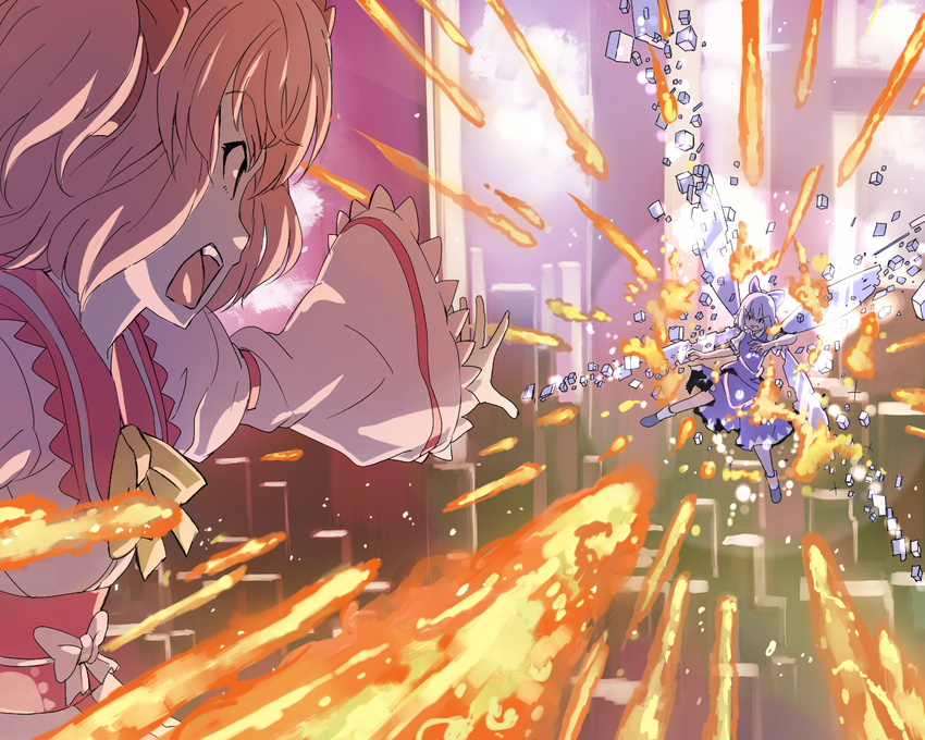 bad_id bad_pixiv_id battle blonde_hair blue_eyes bow cirno danmaku duel fire flying hair_bow highres ice ice_wings monio multiple_girls open_mouth short_hair sunny_milk touhou twintails wings