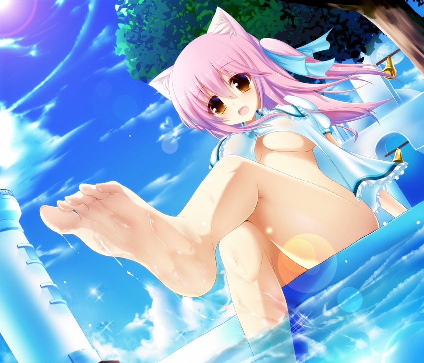 animal_ears barefoot bell blush bottomless breasts cat_ears dutch_angle fang feet hair_ribbon highres leg_up legs lens_flare long_hair medium_breasts open_mouth orange_eyes original pink_hair ribbon shia_flatpaddy sitting soaking_feet soles solo syroh twintails underboob water wet