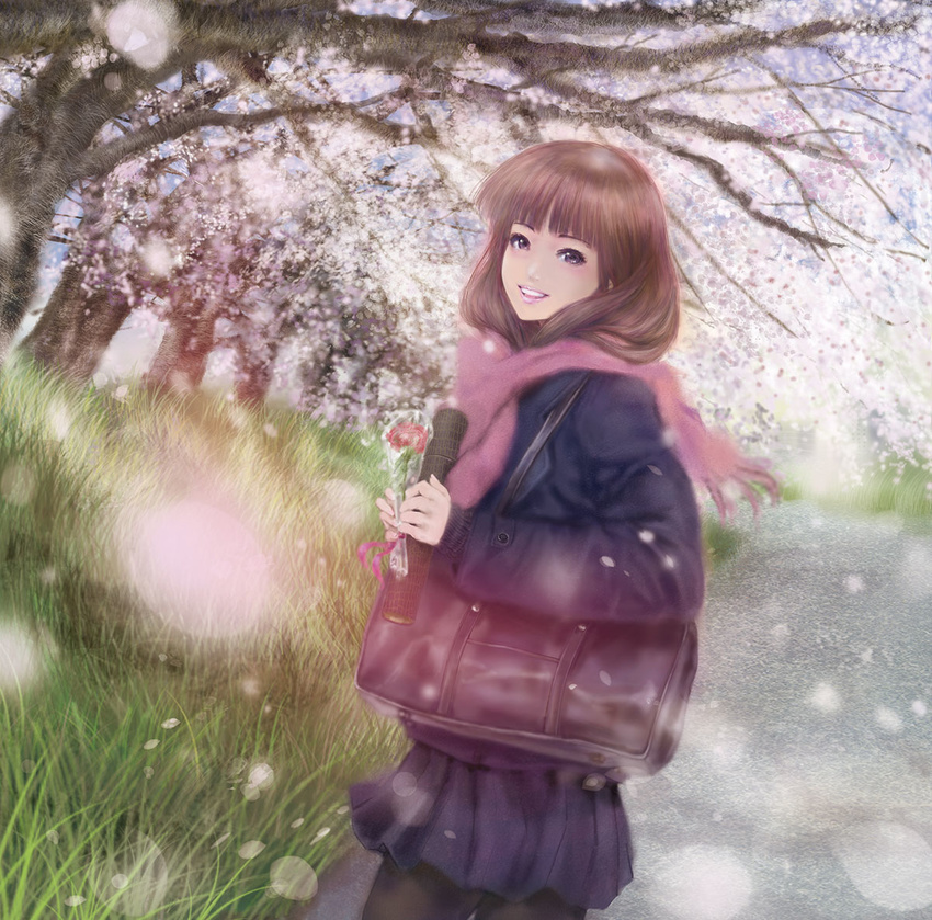 blush brown_eyes brown_hair cherry_blossoms coat enpera flower graduation mamoru_(mamoru_jinja) pantyhose sayoko_(sayonara_memories) sayonara_memories_(supercell) scarf skirt smile solo supercell