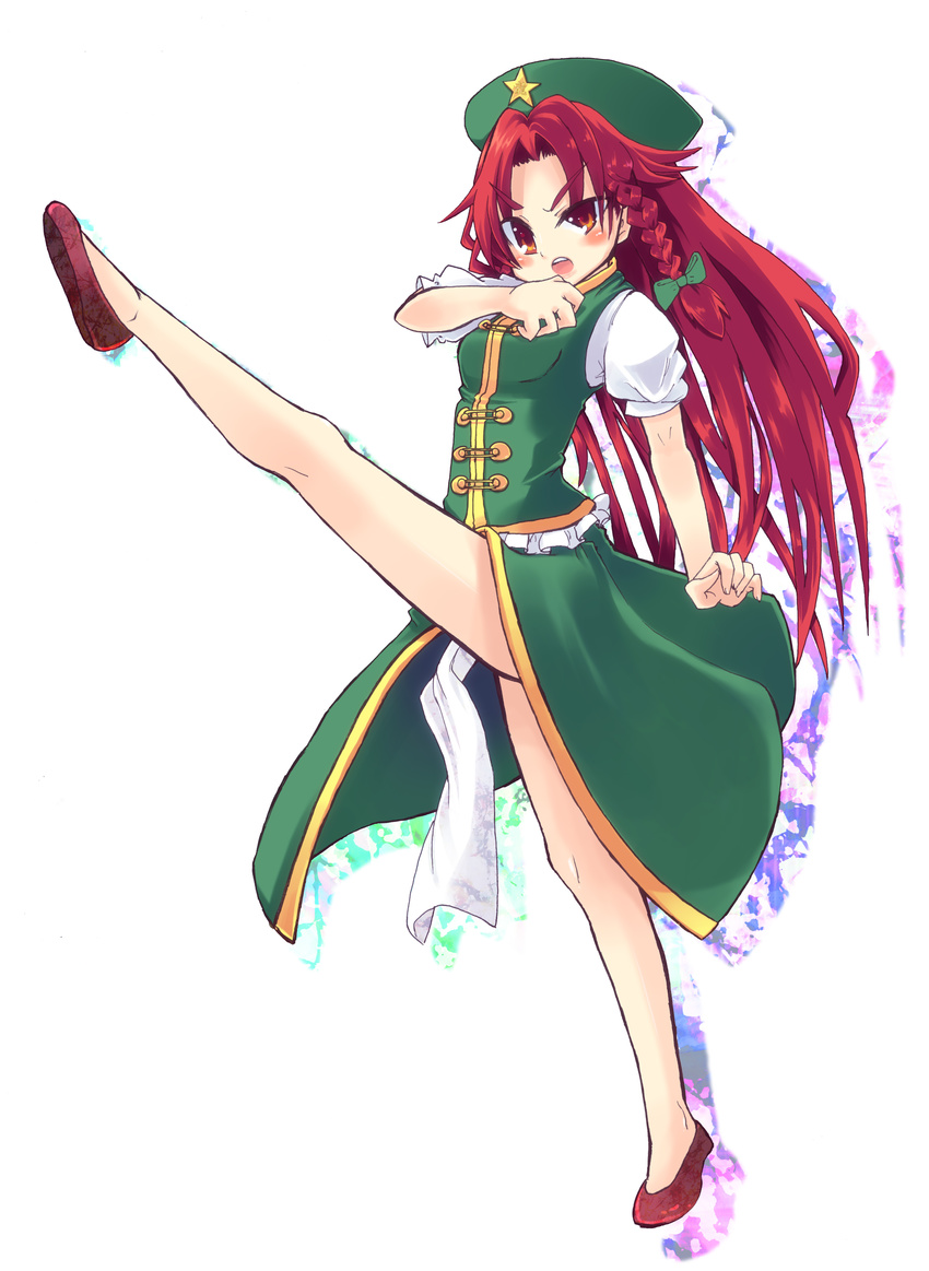 absurdres braid china_dress chinese_clothes dress hat high_kick highres hong_meiling kicking long_hair red_eyes red_hair solo touhou twin_braids usa-pom