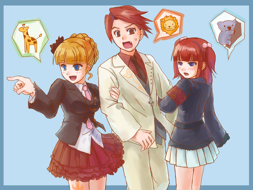 2girls animal arm_holding armband bad_id bad_pixiv_id beatrice blonde_hair blue_eyes blush brother_and_sister fang formal giraffe hair_bobbles hair_ornament iwa_hinata koala lion multiple_girls necktie pointing red_eyes red_hair siblings skirt speech_bubble spoken_animal suit twintails umineko_no_naku_koro_ni ushiromiya_ange ushiromiya_battler