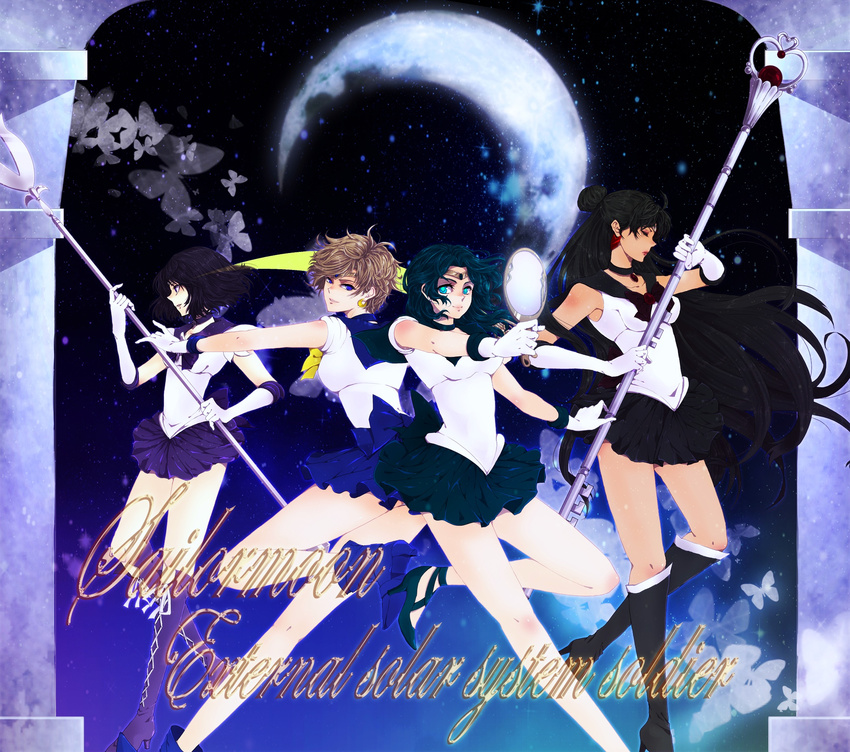 back_bow bad_id bad_pixiv_id bishoujo_senshi_sailor_moon black_bow black_choker blue_sailor_collar blue_skirt boots bow choker crescent_moon deep_aqua_mirror elbow_gloves garnet_rod gloves half_updo highres holding holding_spear holding_staff holding_weapon kaiou_michiru knee_boots long_hair magical_girl meiou_setsuna miniskirt mirror moon multiple_girls outer_senshi polearm purple_footwear purple_sailor_collar purple_skirt sailor_collar sailor_neptune sailor_pluto sailor_saturn sailor_senshi sailor_senshi_uniform sailor_uranus short_hair silence_glaive skirt space_sword spear staff sword ten'ou_haruka tiara tomoe_hotaru very_short_hair weapon white_gloves yellow_bow yu-ka