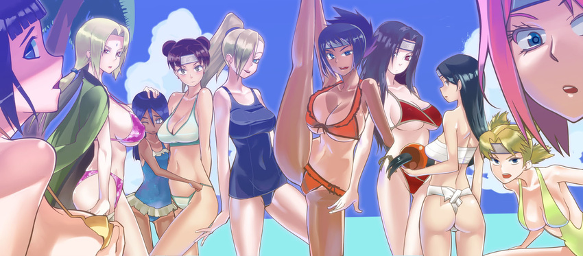 :d :o age_difference alternate_costume arm_behind_back arm_up ass back bangs bare_shoulders bikini black_hair blonde_hair blue_eyes blue_swimsuit blunt_bangs blush bow bow_bikini breast_pillow breasts casual_one-piece_swimsuit center_opening child cleavage cloud colored_eyelashes covered_nipples covering covering_breasts curry_(dbt) day double_bun facial_mark flat_chest flexible folded_ponytail forehead_mark forehead_protector frilled_swimsuit frills fundoshi green_eyes green_swimsuit grey_eyes hair_ornament hair_over_one_eye hair_tie hand_on_another's_head haruno_sakura headband high_ponytail hips holding holding_hair hug hyuuga_hanabi hyuuga_hinata jacket_on_shoulders japanese_clothes kin_tsuchi konohagakure_symbol large_breasts leaning_forward leg_up legs_apart lipstick long_hair looking_at_viewer looking_back low-tied_long_hair low_twintails makeup mature midriff mitarashi_anko multiple_girls naruto naruto_(series) navel ocean one-piece_swimsuit one-piece_tan one_eye_closed open_mouth orange_bikini outdoors palm_tree parted_bangs perky_breasts pink_hair ponytail profile purple_bikini quad_tails raised_eyebrows red_bikini red_eyes sarashi school_swimsuit short_hair siblings side-tie_bikini sideboob silver_eyes sisters sky smile sports_bikini standing standing_on_one_leg strap_gap strap_lift swimsuit tan tanline temari tenten tree tsunade twintails underboob uneven_eyes v-shaped_eyebrows water wince yamanaka_ino yellow_bikini yuuhi_kurenai